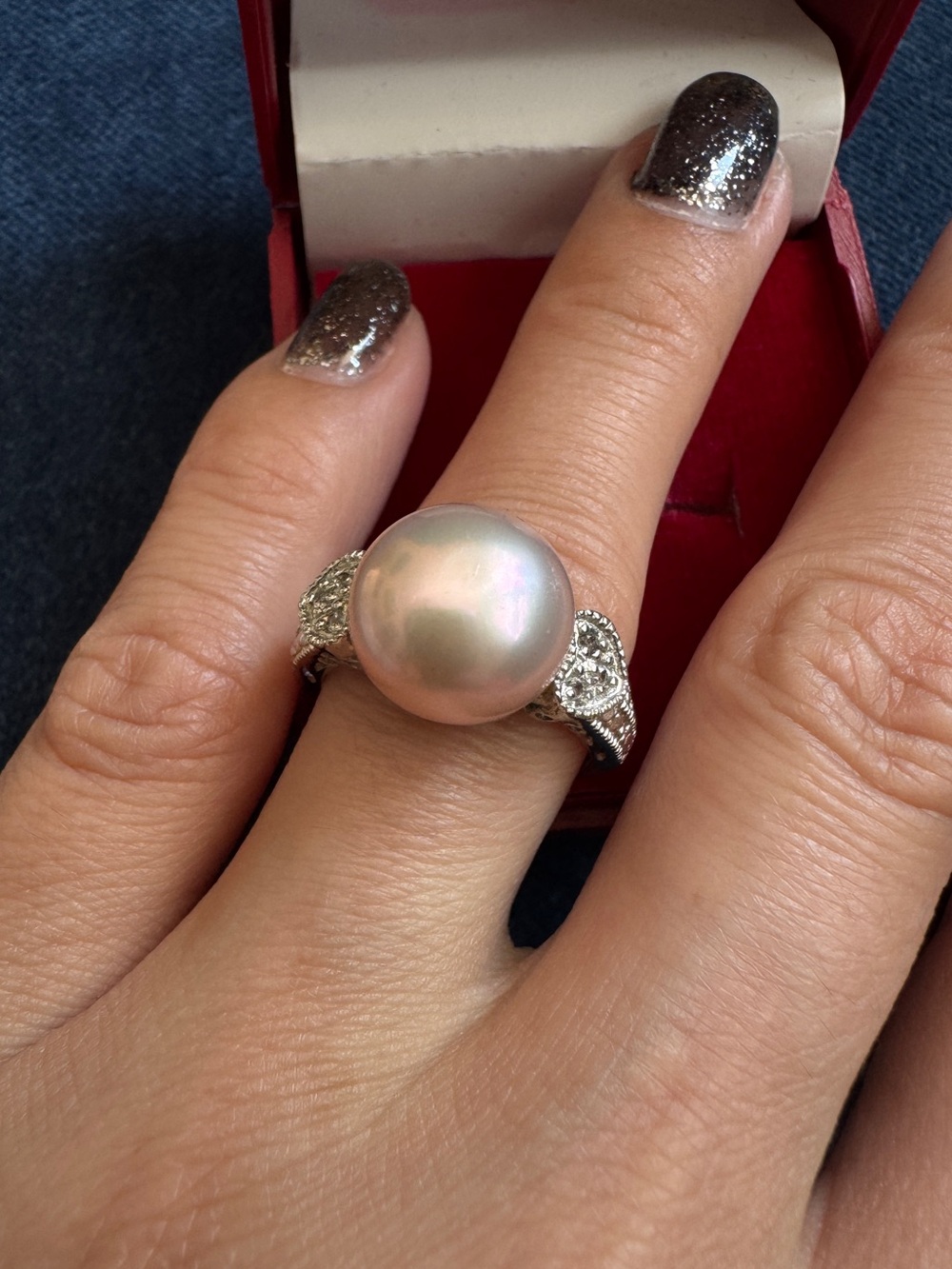 Stunning LUC sign 925 Sterling Silver Pink Pearl Ring Size 6.5